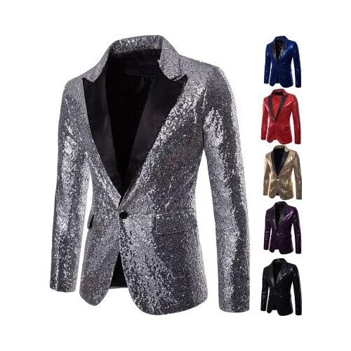 2020 Brand Plus size Silver Shiny Mens Blazer Slim Fit Graduation Party Prom Suit Blazers for Men Fashion Singers Stage Jacket
