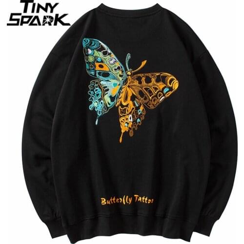2020 Men Hip Hop Sweatshirt Streetwear Pullover Embroidery Butterfly Sweatshirt Cotton Casual Hoodie Sweat Shirt Hipster Black
