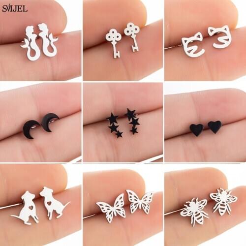 Punk Black Stainless Steel Stud Earring Women Everyday Jewelry Cute Mermaid Kitty Dog Key Heart Earings Star Ballet Pendientes