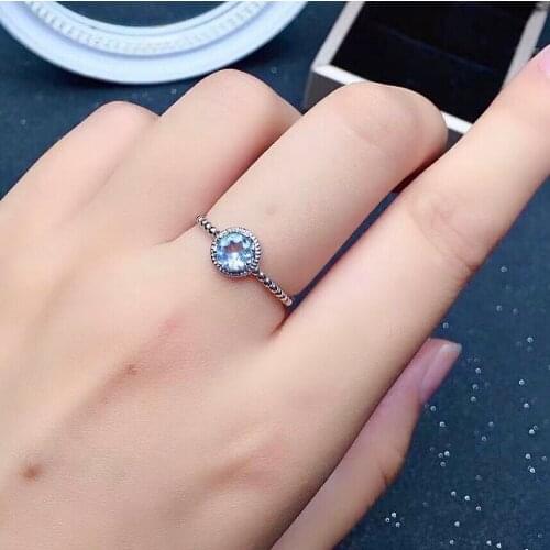 Cute Silver Crystal Ring for Girl 5mm Natural Sky Blue Topaz Ring for Daily Wear Solid 925 Silver Topaz Jewelry