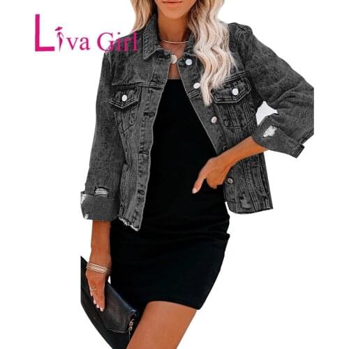 LIVA GIRL Buttons Cut-out Denim Jacket Woman Turn Down Collar Casual Hole Tops Female Winter Outwear Long Sleeve Jeans Coats 2XL