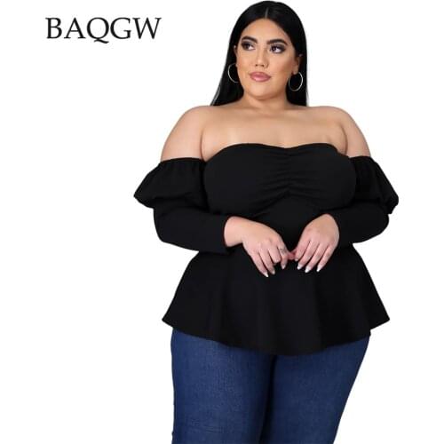 Fashion Plus Size Womens Clothing Autum Sexy Off Shoulder Puff Long Sleeves Casual Streetwear Outfits T-shirts Club Top Tees