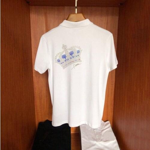 Mens Trendy Slim Crown Design Polo Shirt Hot Rhinestone Shiny Extra Large Short Sleeve Black And White M-5XL