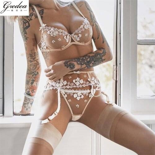 New Womens Applique Sexy Underwear Set Mesh See-Through Underwire Gather Bra Set Garter Belt Thong Floral Erotic Sexy Lingerie