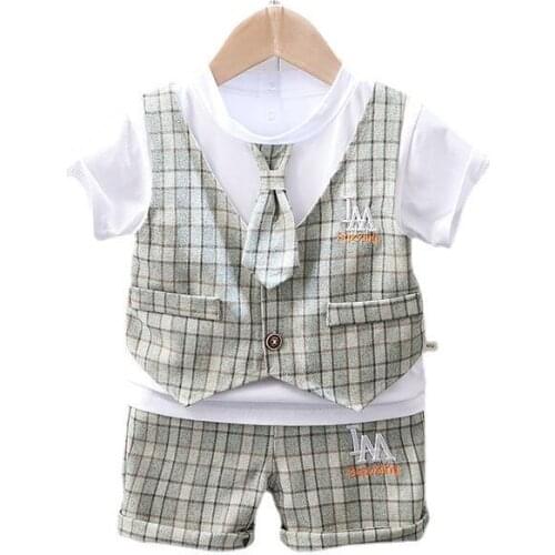 New Fashion Summer Baby Boy Clothes Suit Children Casual Plaid T-Shirt Shorts 2Pcs/Set Toddler Gentleman Costume Kids Tracksuits
