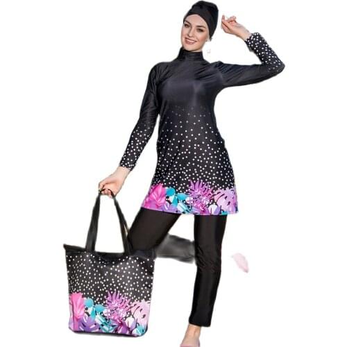 New Style Muslim Swimwear Lady Modest Patchwork Turban Long Sleeve Sports Swimsuit Islamic Burkinis Wearing Swimsuit