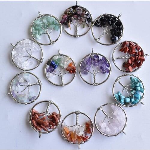 Wholesale 12pcs/lot mixed natural stone Tree of life handmade wire color wire wrapped Pendants 30mm for jewelry marking free