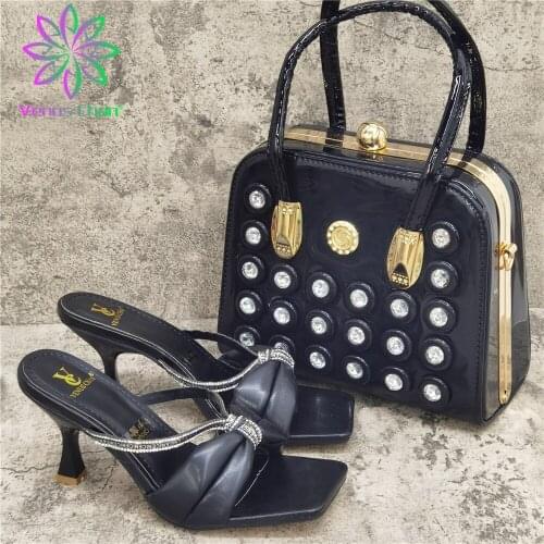 Autumn Spring Newest Coming INS Hot Sale Nigerian Women Shoes Matching Bag Set in Black Color Mature Style for Garden Party