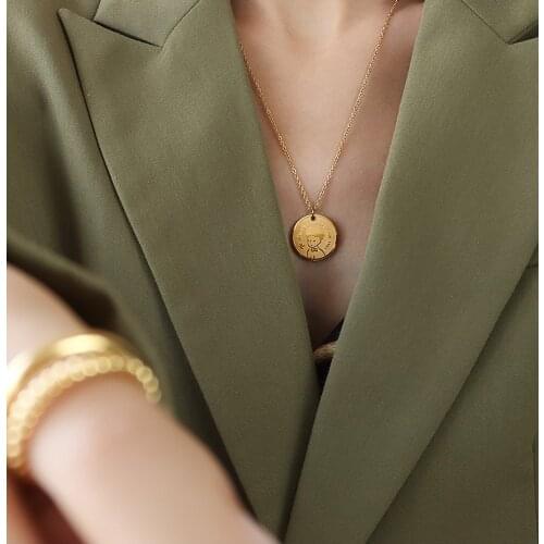 Titanium With 18K Gold Vintage Coins Pendant Necklace Women Jewelry Runway Party Japan Souch Korea Fashion