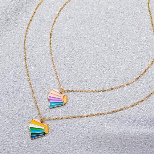 Colorful Rainbow Heart Pendant Necklace Long Chain Oil Drip Cute Necklace for Women Girl Gifts Daily Life Accessories Jewelry