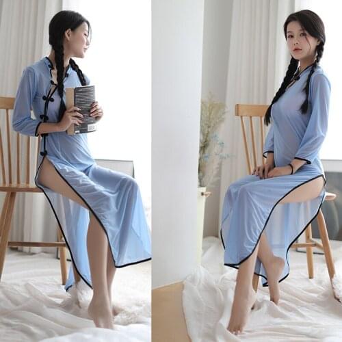 Sexy Chinese Classical Cheongsam Students Dress Retro Collar See Through Role Play Women Sexy Nightwear Sleepwear Sexy Lingerie