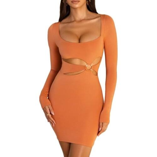 Women Close-fitting Dress, Solid Color U-shaped Collar Long Sleeve Apricot/ Orange