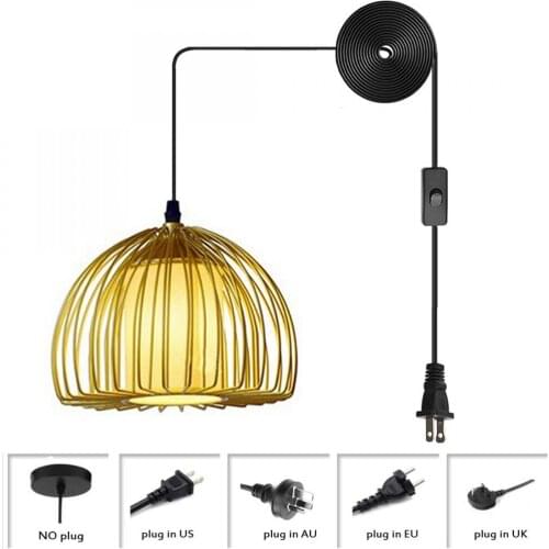 Metal Plug In Hanging Light Fixture, Industrial Wire Cage Lampshade Hanging Light, Plug In Pendant Lighting (Gold)