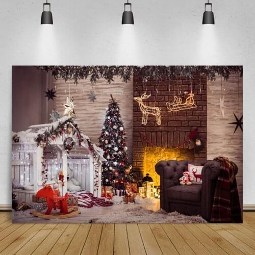 Laeacco Christmas Tree Brick Wall Fireplace Photographic Background Interior Child Portrait Photocall Scenic Photo Backdrops