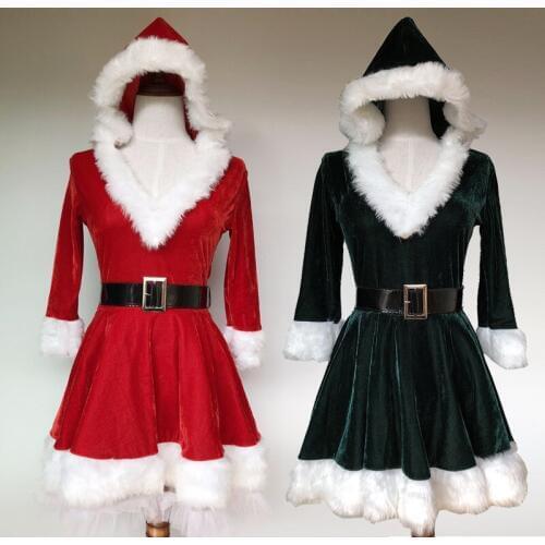 Christmas Costume Santa Costume half Sleeve Plush Warm Hooded Fancy Pleated Dress M,L,XL