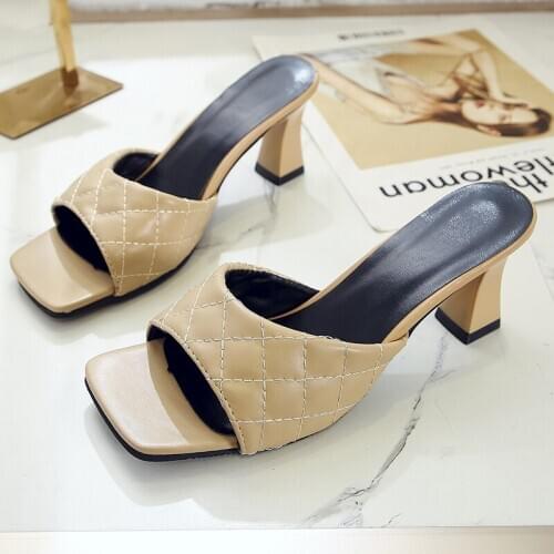 Square Head High Heels Slipper Summer Women Shoes Fashion Slip on Square Heel Slides Sexy Peep Toe Mules Party Shoe Plus Size 44