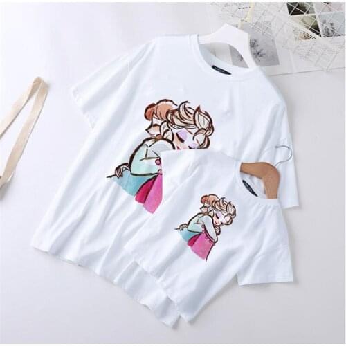 Family Clothes Summer Short Sleeve Anna Elsa Frozen Printed Mommy And Me Daughter Kids Tshirts Family Matching Outfits Tee Tops