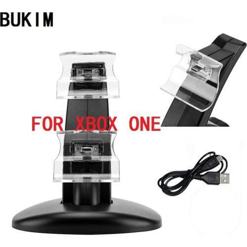 BUKIM LED Light Dual USB Charging Holder Dock Station Charger Stand+Power Cable for Microsoft Xbox One Gamepad Joypad