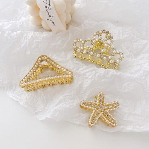 Woman Metal Hair Claws Geometric Triangle Hairclips Crown Starfish Hairgrip Headwear Pearl Rhinestone Claws Hair Accessories