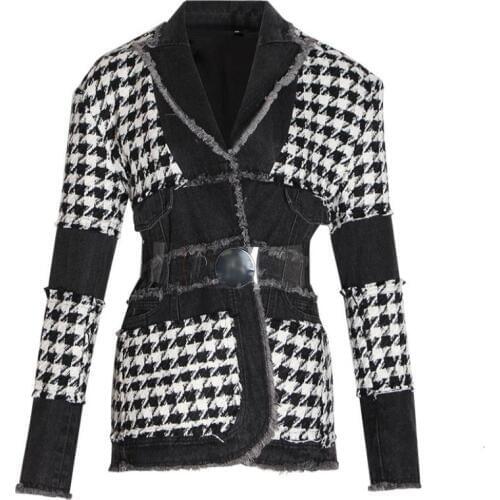 2020 spring autumn new fashion houndstooth blazer women belt waist ladies retro denim stitching slim suit jacket