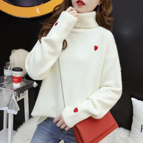 Embroidery Love Womens Long Sleeve Autumn Winter Loose Turtle Neck Women Top 2021 New Thickened Sweater Pullover 569J liang