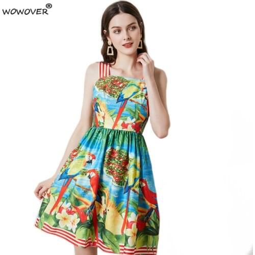 2021 New Fashion Runway Summer Spaghetti Strap Birds Print Empire Beach Holiday Dress Women Mini Sexy Party Vestidos Green Robe