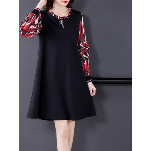 2021 Loose 3XL Plus Size Patchwork Long Sleeve Dress Spring Vintage Casual Black Midi Dress Women Elegant Bodycon Party Vestidos