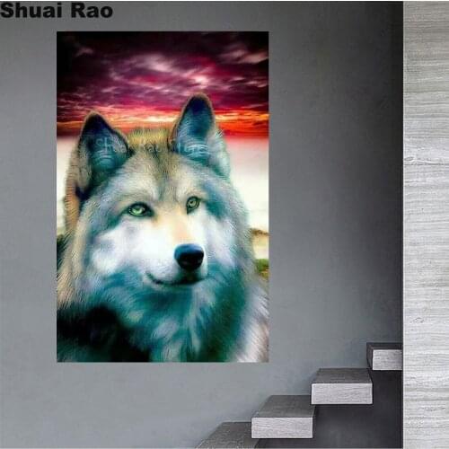 5d diy diamond painting cross stitch sunset clouds wolf embroidery with diamond full drill rhinestone animal landscape home art