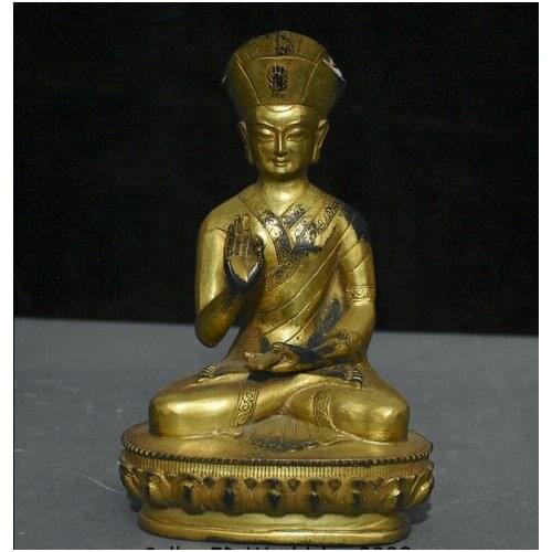 8" Old Tibet Buddhism Temple Bronze Gilt Je Tsongkhapa guru Lama Buddha Statue