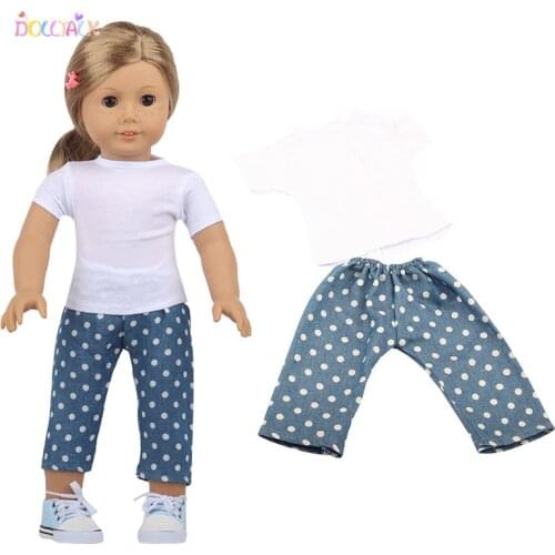 43cm Baby Doll White t and Blue Polka Dot Pants Clothes Suit 18 Inch American OG girl Doll clothes（Only Sell Clothes