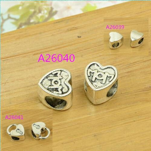 Free shipping 3 styles available antique silver heart/love shape alloy big hole bead for jewelry making wholesale