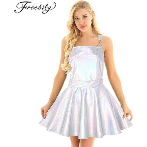 Shiny Metallic Holographic A-Line Pleated Dress Women Backless Criss Cross Buckle Straps Wet Look 2019 Fashion Sexy Mini Dresses