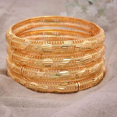 4Pcs/lot 24K African Gold Color Shiny Bangles for Women Girls Dubai Circle Bracelet Jewelry Bride Wedding Jewerly Gift