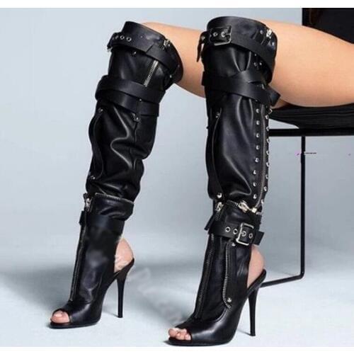 Punk Style Black Leather Zipper Thigh High Boots Peep Toe High Heeled Rivet Night Club Dress Shoes Women Runway High Boots