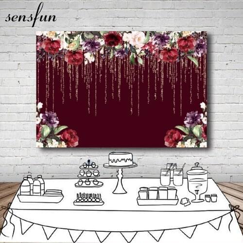 Sensfun Wedding Photography Backgrounds Burgundy Pink Flowers Drop Gold Glitter Lady Girls Birthday Party Backdrops Custom
