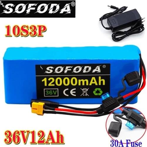 10S3P 36V 12Ah 18650 Lithium Battery Pack Ebike Electric Bicycle 250W-600W Battery Built-in 30A BMS and Fuse Device+Charger