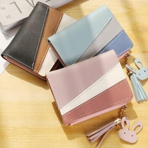 Bycobecy New Women Short Wallet Fashion Mixed Color Ladies Chain Clutch Card Wallets Pu Coin Purse Money Bag