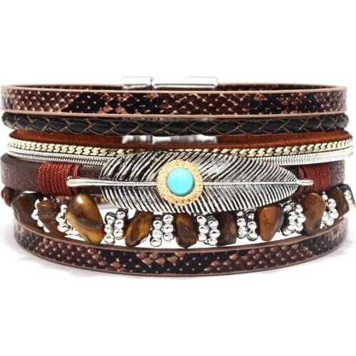 Kirykle Feather Leather Cuff Bracelet Magnetic Multi Strand Bracelet Wrap Bracelet Bohemian Jewelry Gifts for Women Wife Sister