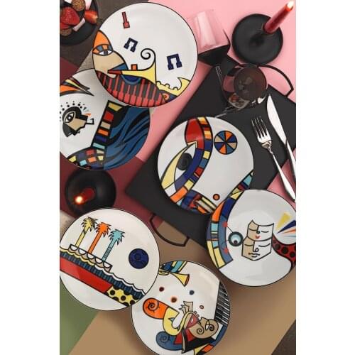 Set Of 6 Cubic Pattern Porcelain Dishes For Serving Tableware Plate Dishes Sets Cake Plate Modern Soft Style Dinner