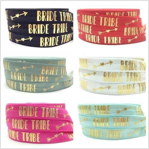 New Ribbon Bride Tribe Printed Fold Over Elastic Gold Foil 5/8'' FOE Ribbon DIY Wedding Sewing Hair Tie Accessory Wholesale