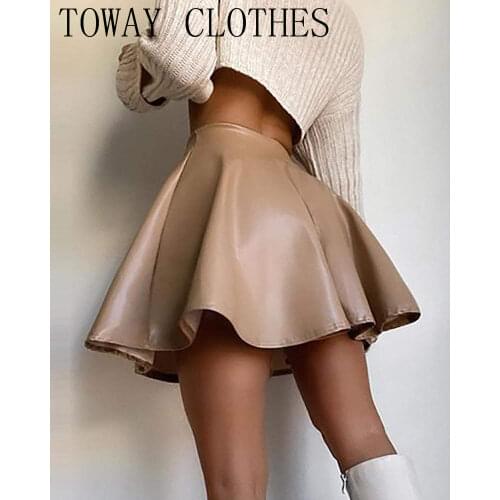 Solid Color Plain High Waist Ruched PU Leather Skirt Summer Autumn Women Skirt