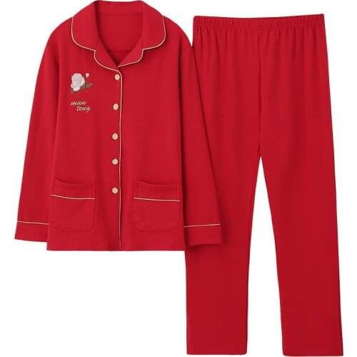Chinese red spring autumn longsleeve cotton grid cardigan twopiece pajamas women embroidered loose soft bridal home service suit