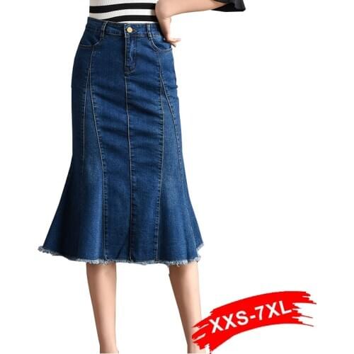 Frayed Ripped Mermaid Plus Denim 5Xl 6Xl Large Size Women Patchworked Mid Long Flared Hem Jeans Skirts Mom Jean