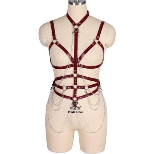 Tassel Chain Belts Body Harness Leather Bra Goth Punk Party Rave Women Sexy Halter Sling Lingerie Chest Cage Suspender Bdsm Seks