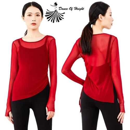 See Through Classical Dance Shirt Women Ballet Practice Clothing Stretch Mesh Wear Round Neck Long Sleeve Side Lacing Top Blouse