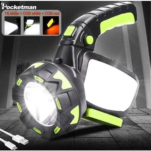8000LM Bracket Adjustment LED Torch Ultra- Long Use USB Rechargeable Searchlight Waterproof Flashlight With White/Red Sidelight