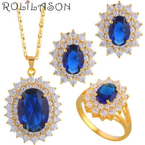 ROLILASON Oval Gold Tone Earring Pendant Necklace Jewelry Set Ring Blue zirconia Crystal Health Sz #5.75#6.75#7.75#8.5 JS076