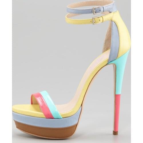 Summer Candy color Strappy Super Heels Sandals Mixed Colors Patchwork Platform Ladies Double Buckle Ankle Strap Sandalias Shoes