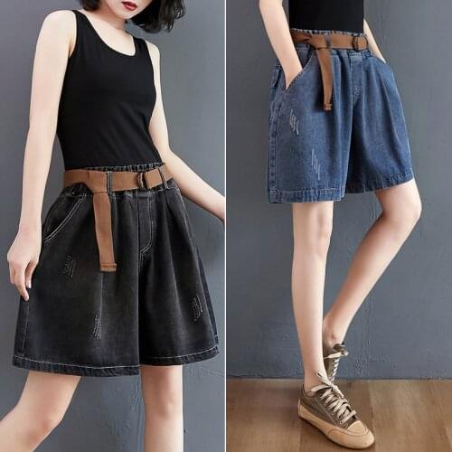 Retro Literary Denim Wide Leg Shorts 2021 Ladies Summer Elastic Waist Casual Thin Pants Women Jeans Loose Streetwear