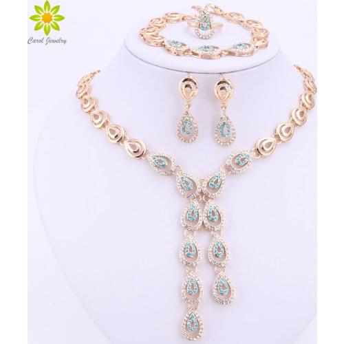 Blue/Brown/Red/Purple Crystal Jewelry Sets For Women Fashion Wedding Water Drop Necklace Earring Bracelet Ring Party Accessories